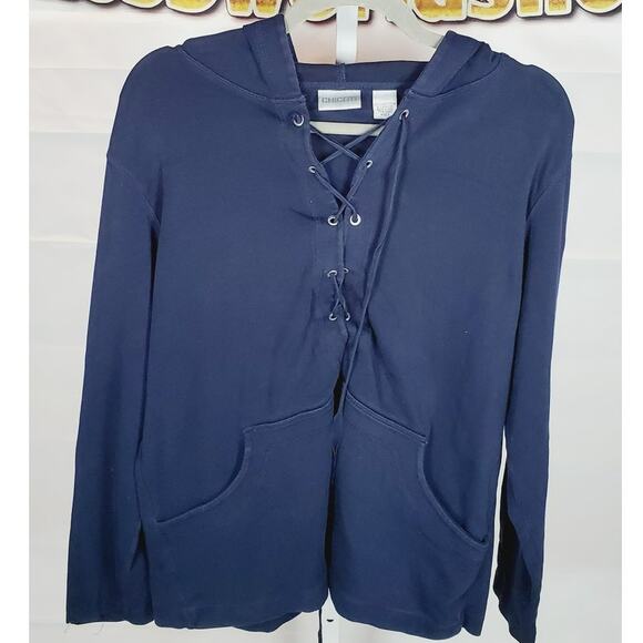 Chico's Tops - Chico’s Navy Blue Lace-Up Hoodie Top Long Sleeve Pima Cotton Size 2 (M/L)